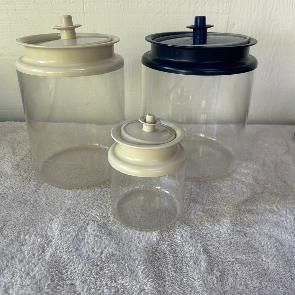 Set Of 3 TUPPERWARE Canisters Clear Push Button Lid Clear Acrylic Vintage